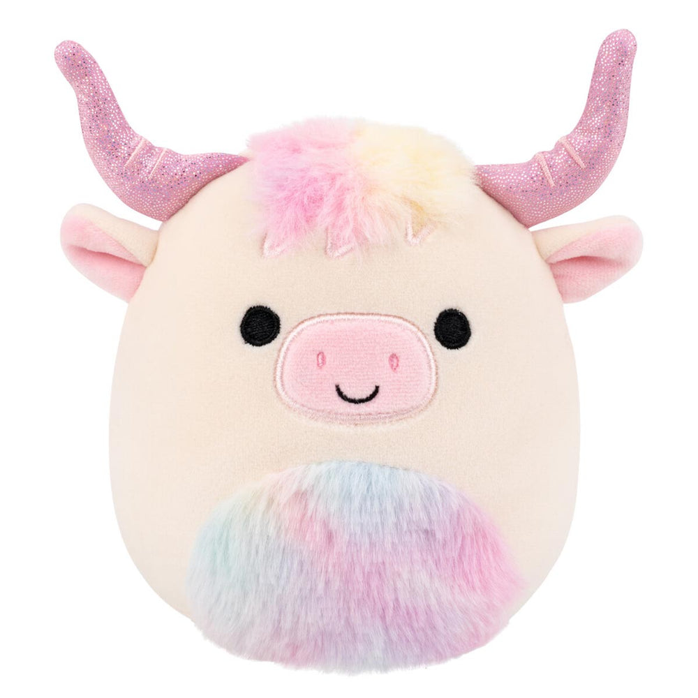 5-Inch Dagnus the Tan Highland Cow with Rainbow Tie-Dye Belly